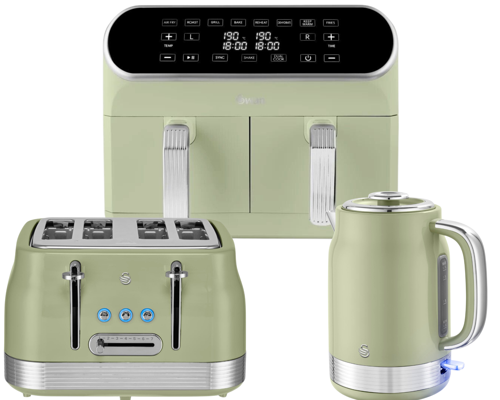 Swan Retro Revive Green Kettle 4 Slice Toaster & 8L Dual Basket Air Fryer Bundle0