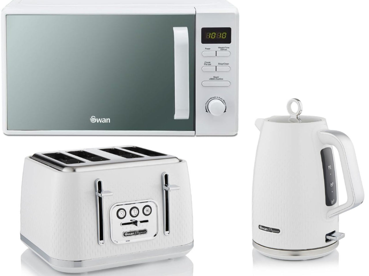 Swan Elegance White 1.7L 3KW Kettle, 4 Slice Toaster & 800W 20L Digital Microwave Matching Set
