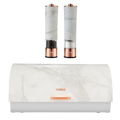 Tower Marble Rose Gold Bread Bin & Electric Salt & Pepper Matching Set