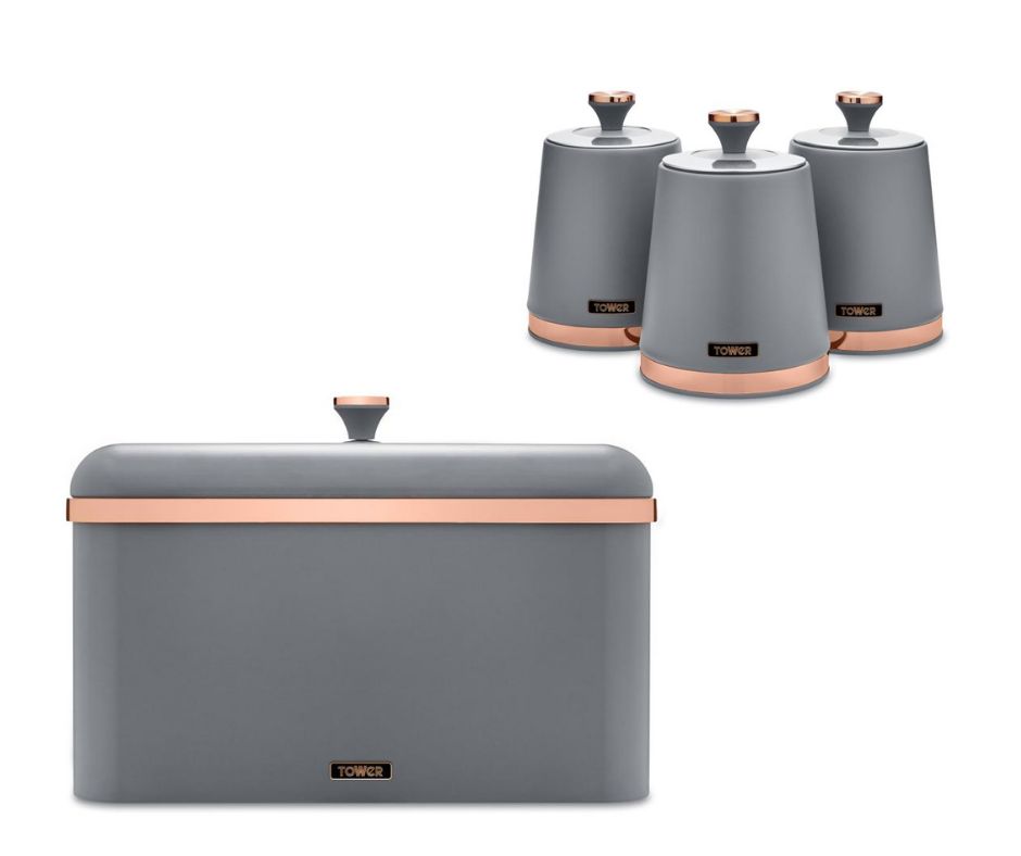Tower Cavaletto Grey Bread Bin Canisters Kitchen Storage Set with Rose Gold accents