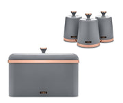 Tower Cavaletto Grey Bread Bin Canisters Kitchen Storage Set with Rose Gold accents