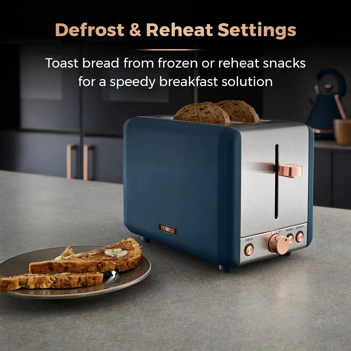 Tower Cavaletto Kettle, 2 Slice Toaster and 3 Canisters Midnight Blue Rose Gold4