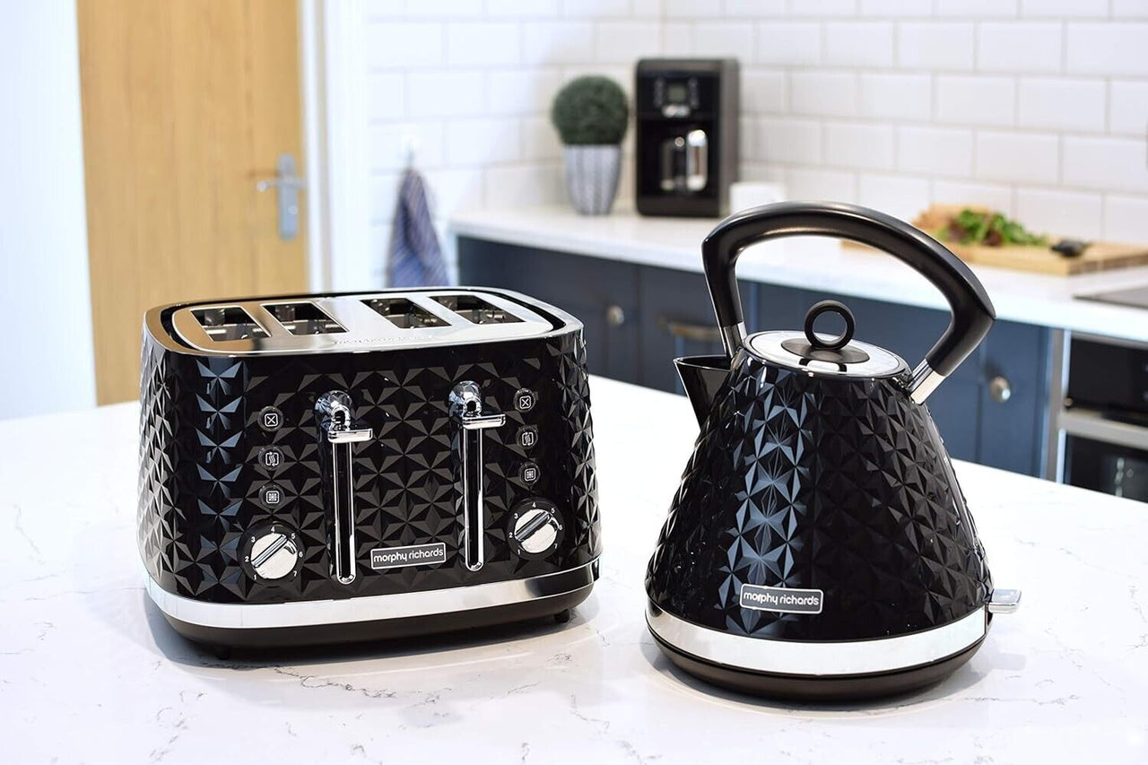 Morphy Richards Black Vector 1.5L 3KW Kettle, 4 Slice Toaster & Dimensions Bread Bin, Canisters, Mug Tree & Towel Pole Kitchen Storage Set of 8