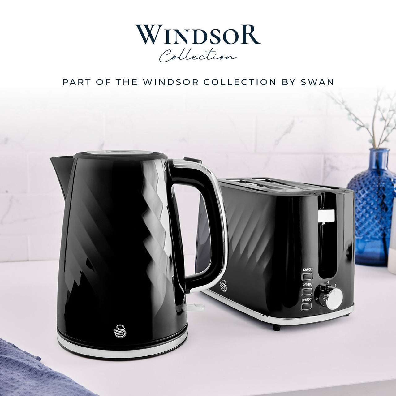 Swan Windsor Black Kettle Toaster Microwave Canisters Matching Kitchen Bundle1