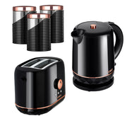Tower Rose Gold & Black 1.5L Kettle, 2 Slice Toaster & Tea Coffee Sugar Canisters Matching Kitchen Set