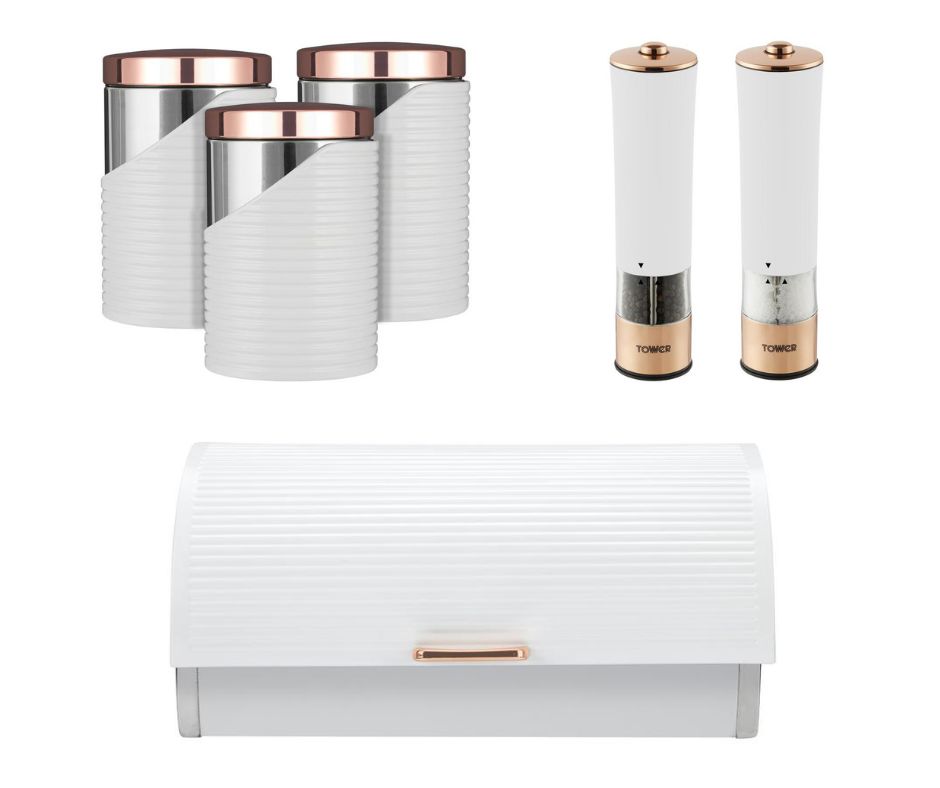 NEW TOWER Breadbin, Canisters & Electric Salt/Pepper Mills Set White/Rose Gold