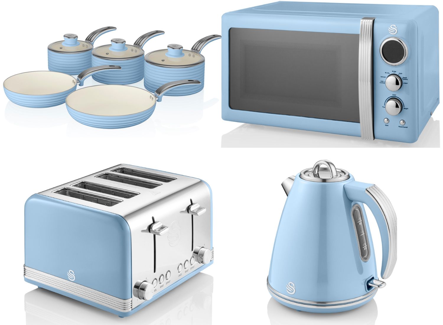 SWAN Retro Jug Kettle 4 Slice Toaster Microwave & 5 Piece Pan Set Vintage Blue