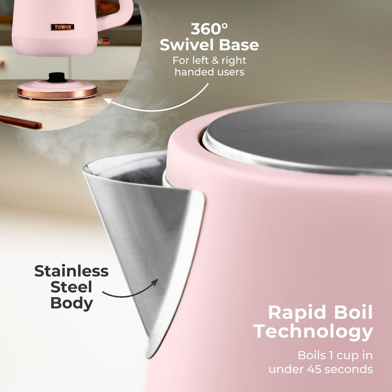 Tower Cavaletto Pink Kettle Toaster Breadbin Canisters Kitchen Roll Holder Set1