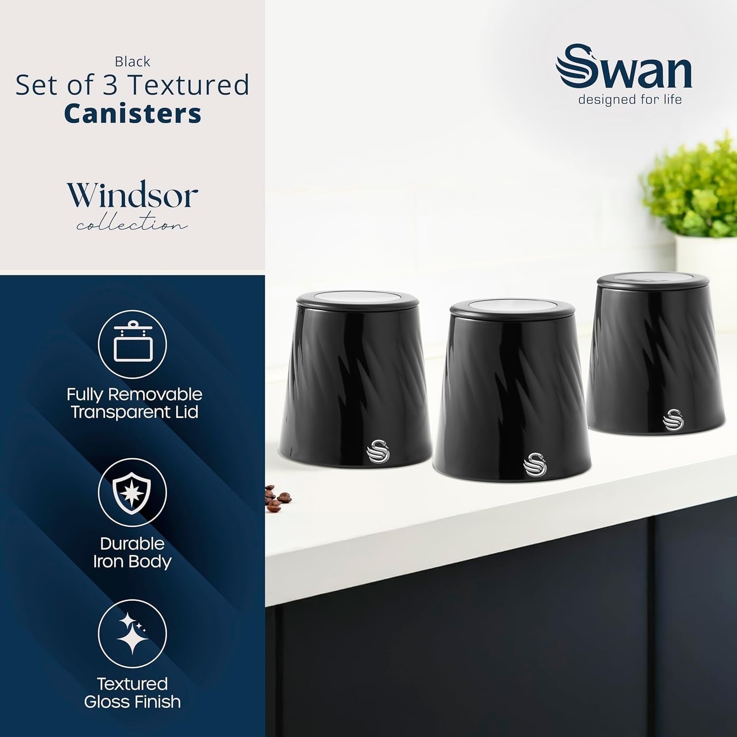 Swan Windsor Black Breadbin and 3 Canisters Matching Kitchen Storage Set2