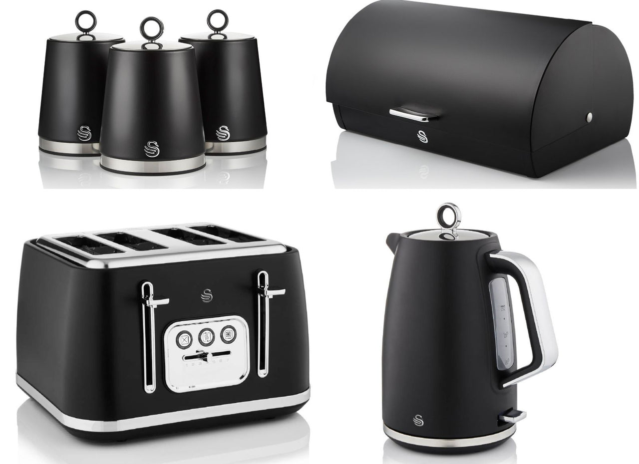 Swan Serenity Black 1.7L 3KW Kettle, 4 Slice Toaster, Bread Bin & Canisters. Striking Design Matching Swan Kitchen Set of 6