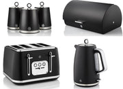 Swan Serenity Black 1.7L 3KW Kettle, 4 Slice Toaster, Bread Bin & Canisters. Striking Design Matching Swan Kitchen Set of 6