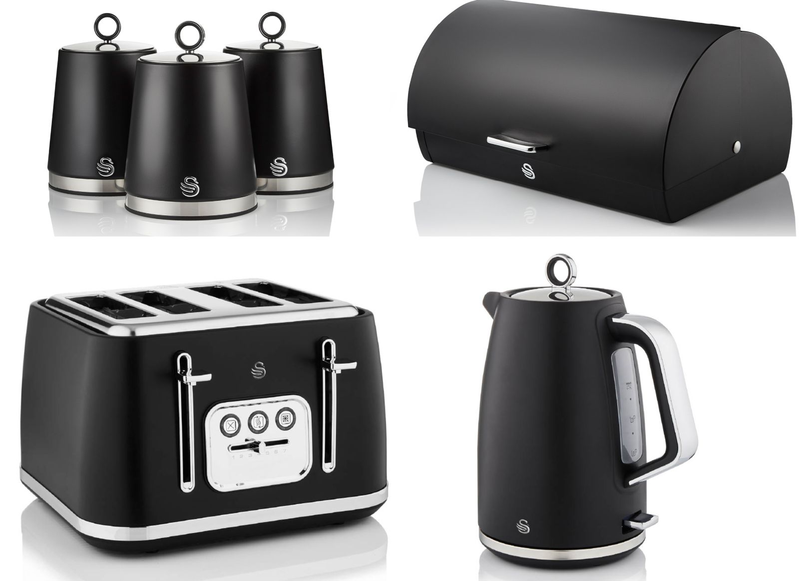 Swan Serenity Black 1.7L 3KW Kettle, 4 Slice Toaster, Bread Bin & Canisters. Striking Design Matching Swan Kitchen Set of 6