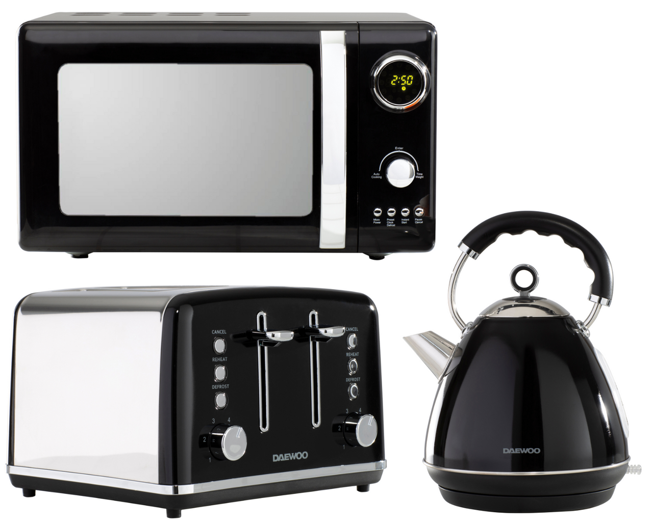 Daewoo Kensington 1.7L 3KW Pyramid Kettle, 4-Slice Toaster & Microwave Matching Set in Black