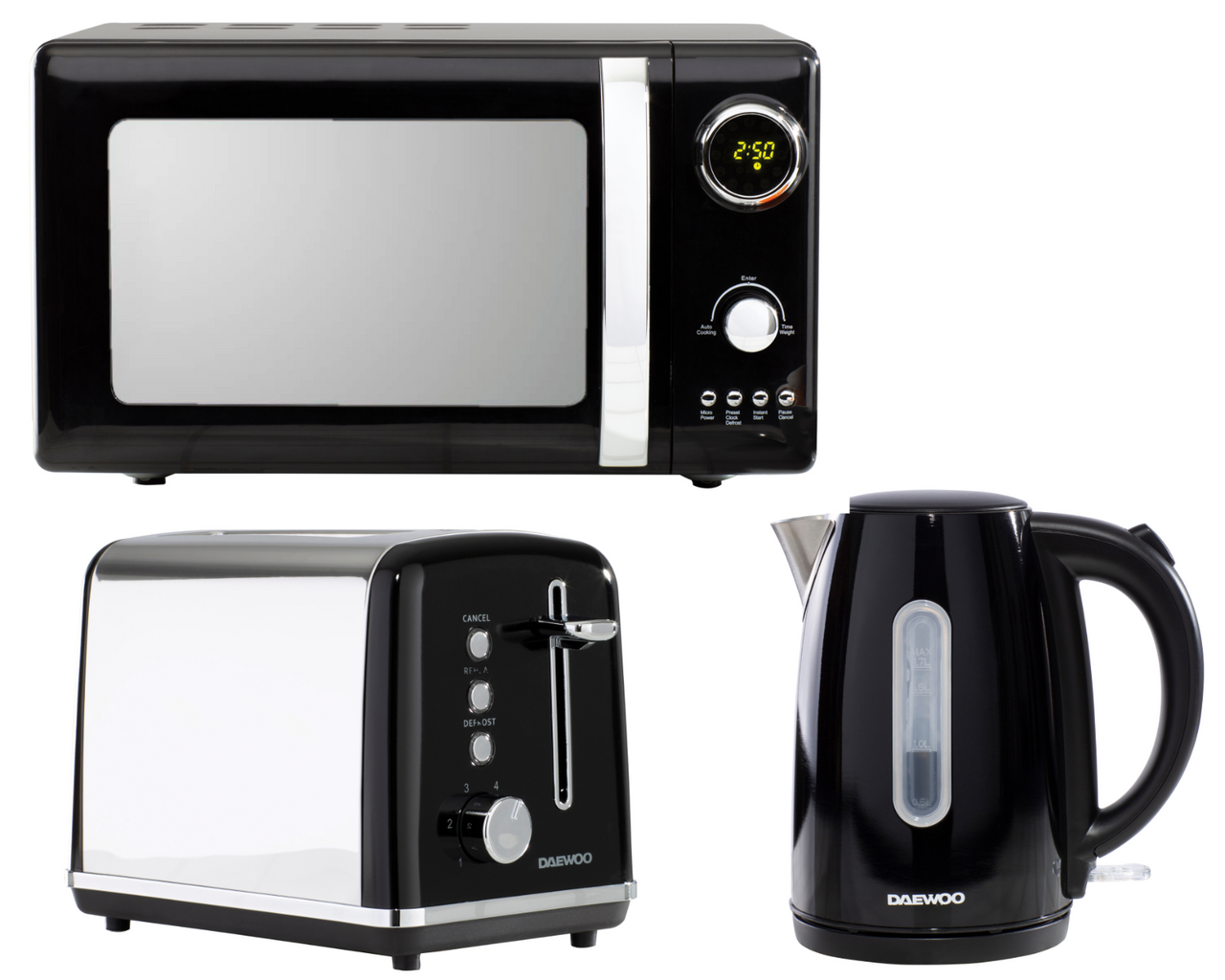 Daewoo Kensington 1.7L 3KW Jug Kettle, 2 Slice Toaster & Microwave Matching Set in Black