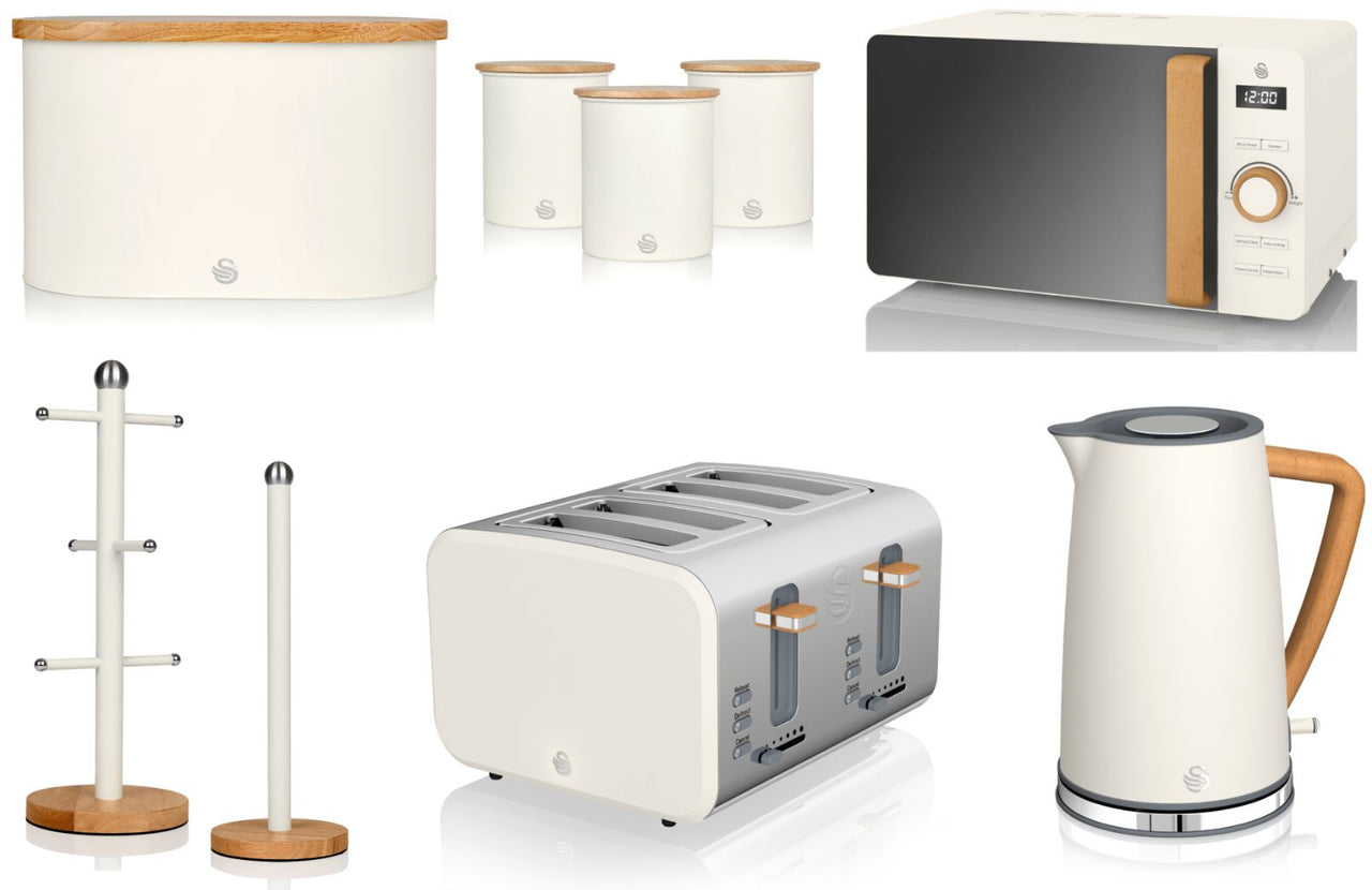 Swan Nordic White 1.7L Jug Kettle, 4 Slice Toaster, 800W 20L Microwave, Bread Bin, Canisters,  Mug Tree & Towel Pole Matching Set