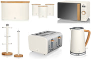 Swan Nordic White 1.7L Jug Kettle, 4 Slice Toaster, 800W 20L Microwave, Bread Bin, Canisters,  Mug Tree & Towel Pole Matching Set