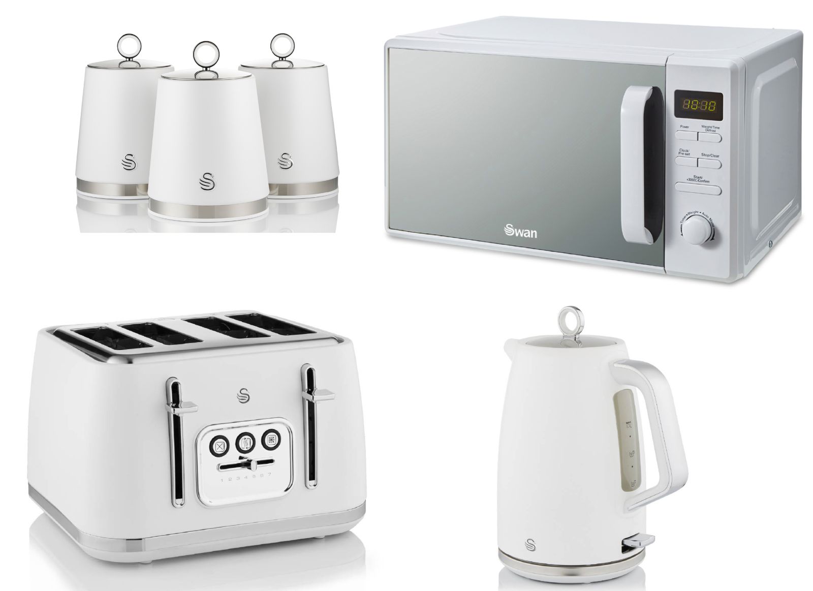Swan Serenity White 1.7L 3KW Kettle, 4 Slice Toaster, Canisters and 20L 800W Digital Microwave Matching Kitchen Set