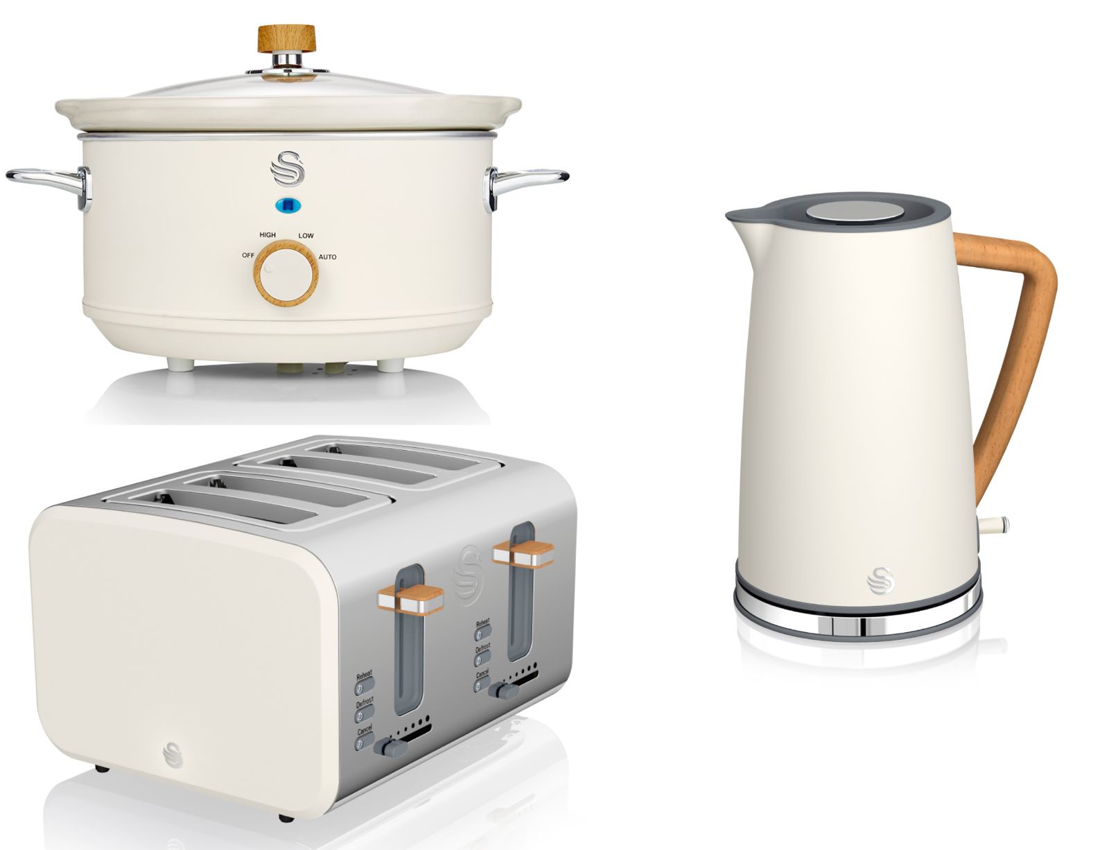 Swan Nordic White Kettle 4 Slice Toaster & 3.5L Slow Cooker Matching Kitchen Set