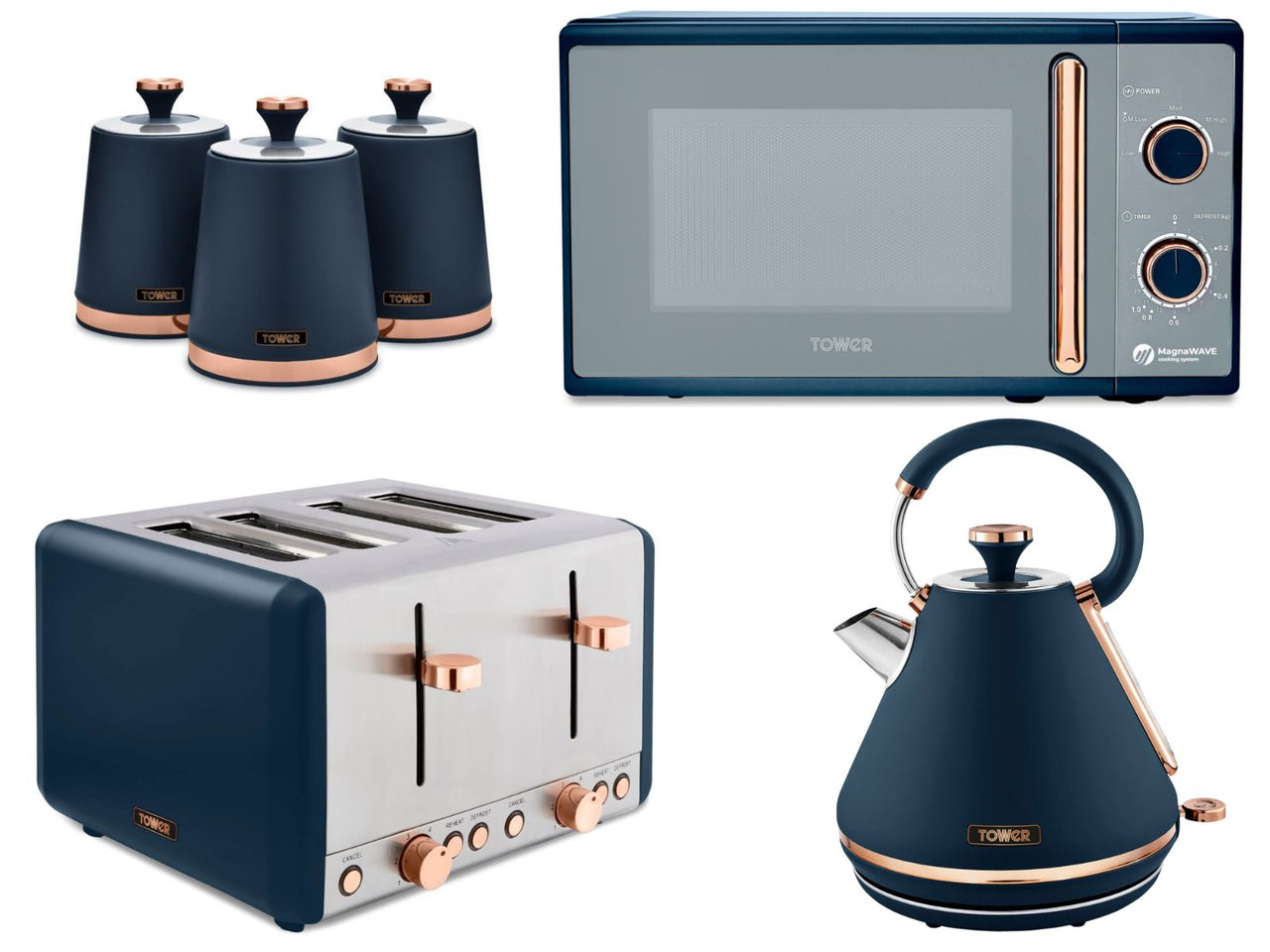 Tower Cavaletto Midnight Blue & Rose Gold 1.7L 3KW Pyramid Kettle, 4 Slice Toaster, 800W 20L Microwave & Canisters Matching Set