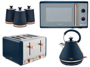 Tower Cavaletto Midnight Blue & Rose Gold 1.7L 3KW Pyramid Kettle, 4 Slice Toaster, 800W 20L Microwave & Canisters Matching Set