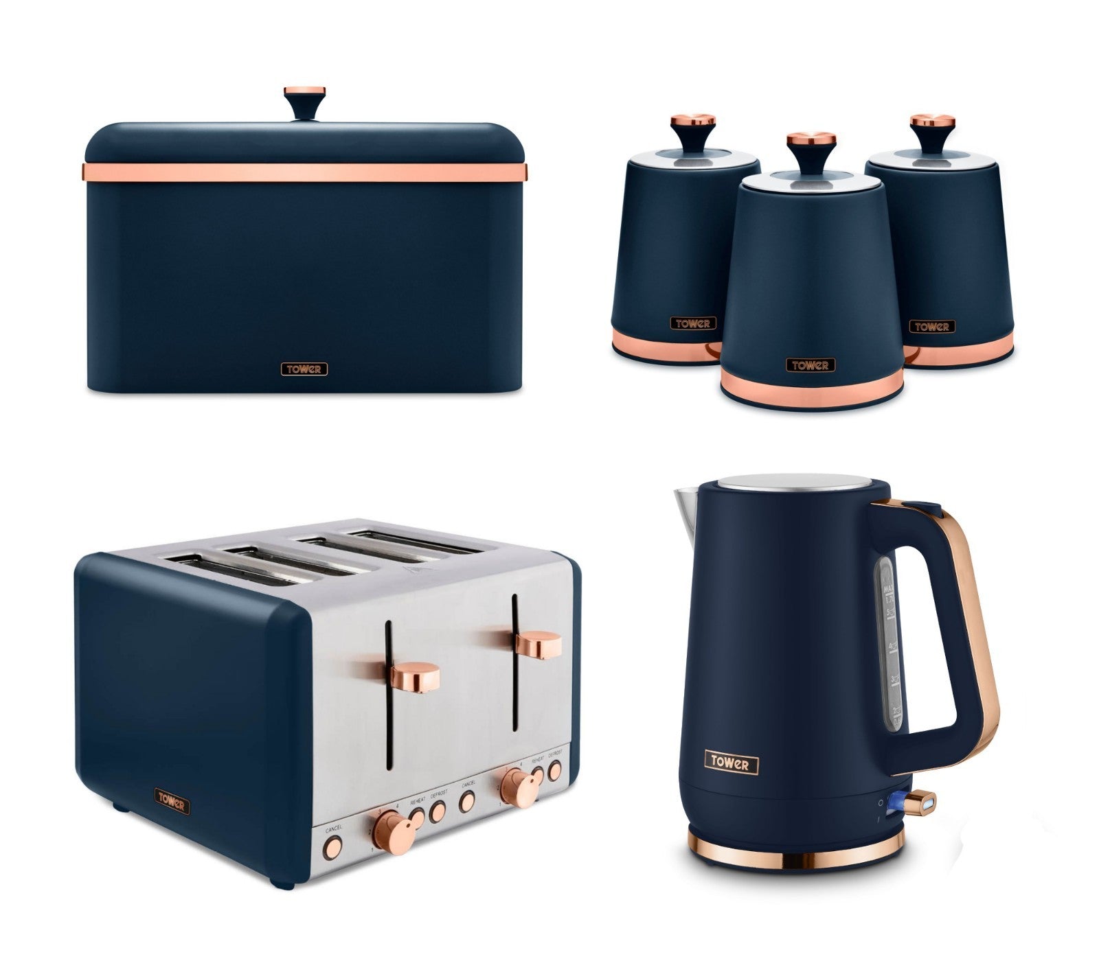 Tower Cavaletto Kettle, 4 Slice Toaster, 3 Canisters & Bread Bin Blue Rose Gold0
