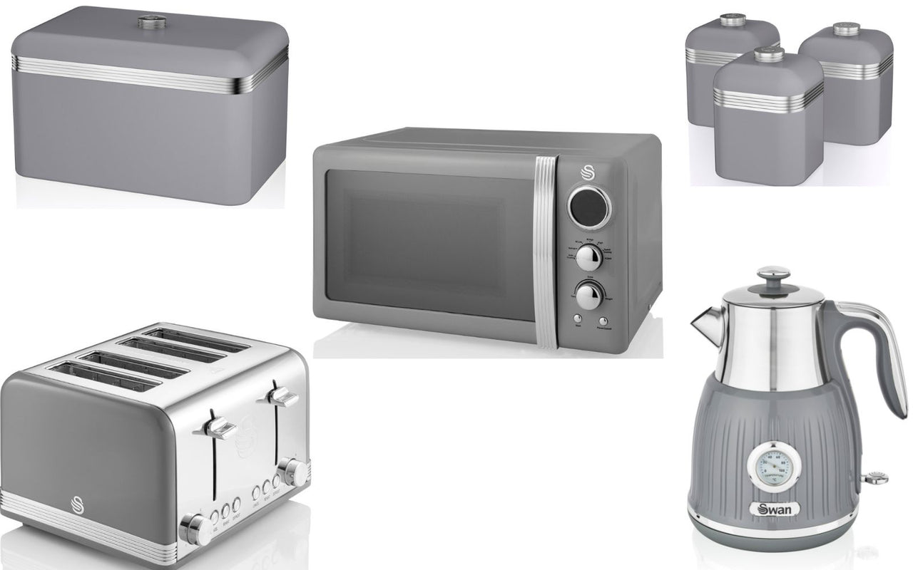 SWAN Retro Grey 1.5L 3KW Jug Temperature Dial Kettle, 4 Slice Toaster, Digital Microwave, Bread Bin & Canisters Matching Set