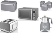 SWAN Retro Grey 1.5L 3KW Jug Temperature Dial Kettle, 4 Slice Toaster, Digital Microwave, Bread Bin & Canisters Matching Set