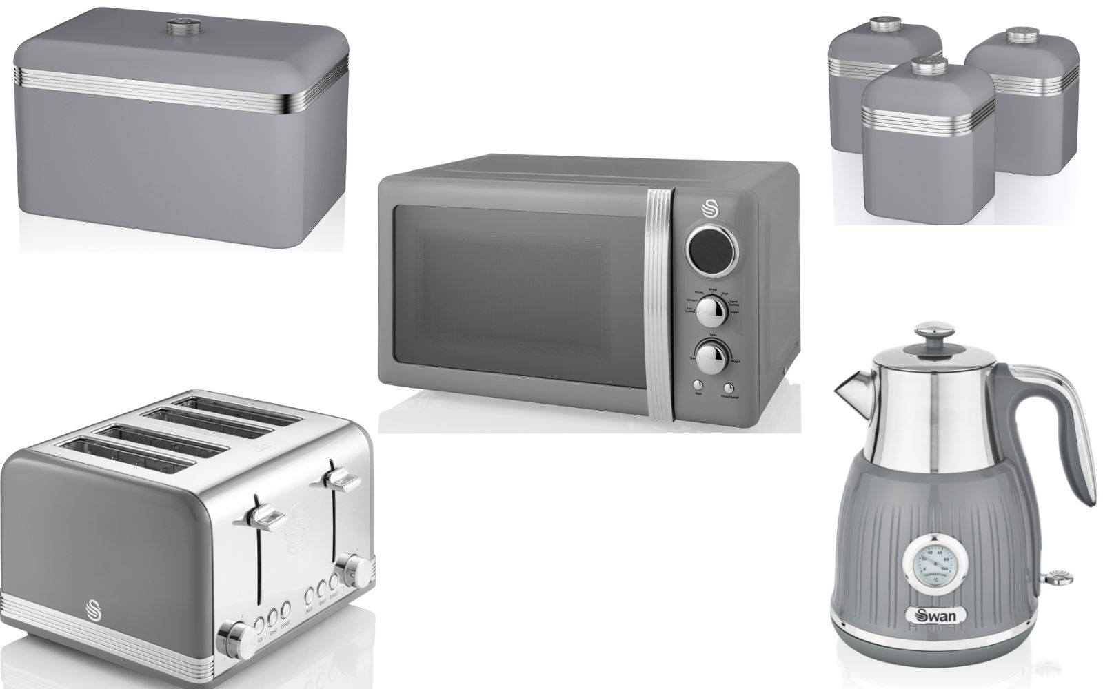 SWAN Retro Grey 1.5L 3KW Jug Temperature Dial Kettle, 4 Slice Toaster, Digital Microwave, Bread Bin & Canisters Matching Set