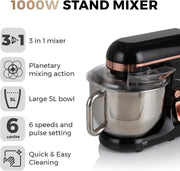 Tower 3-in-1 Stand Mixer 5L Bowl 1000W Motor Black and Rose Gold T12033RG2