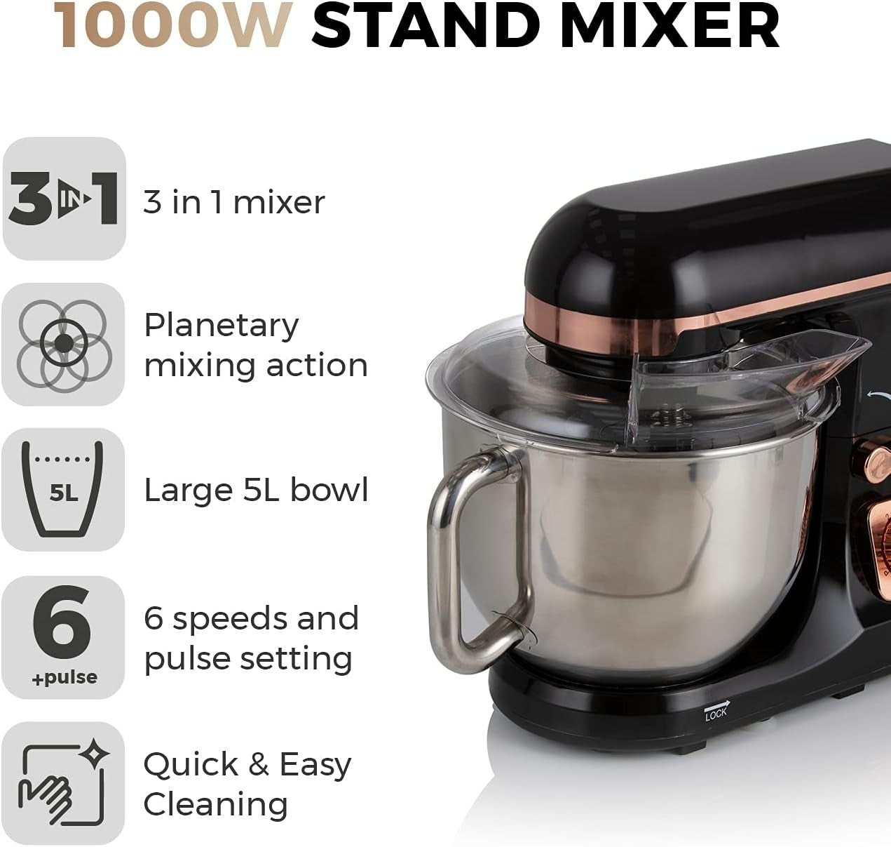 Tower 3-in-1 Stand Mixer 5L Bowl 1000W Motor Black and Rose Gold T12033RG2