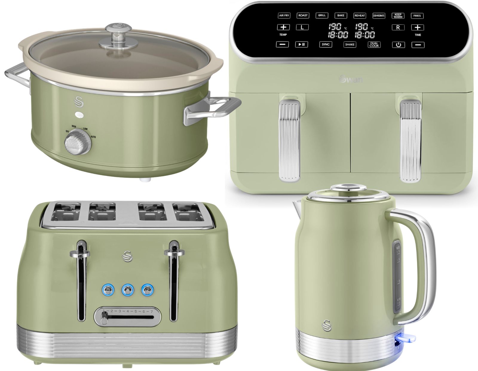 SWAN Retro Revive Green Kettle Toaster Dual Basket Air Fryer & Slow Cooker Set0