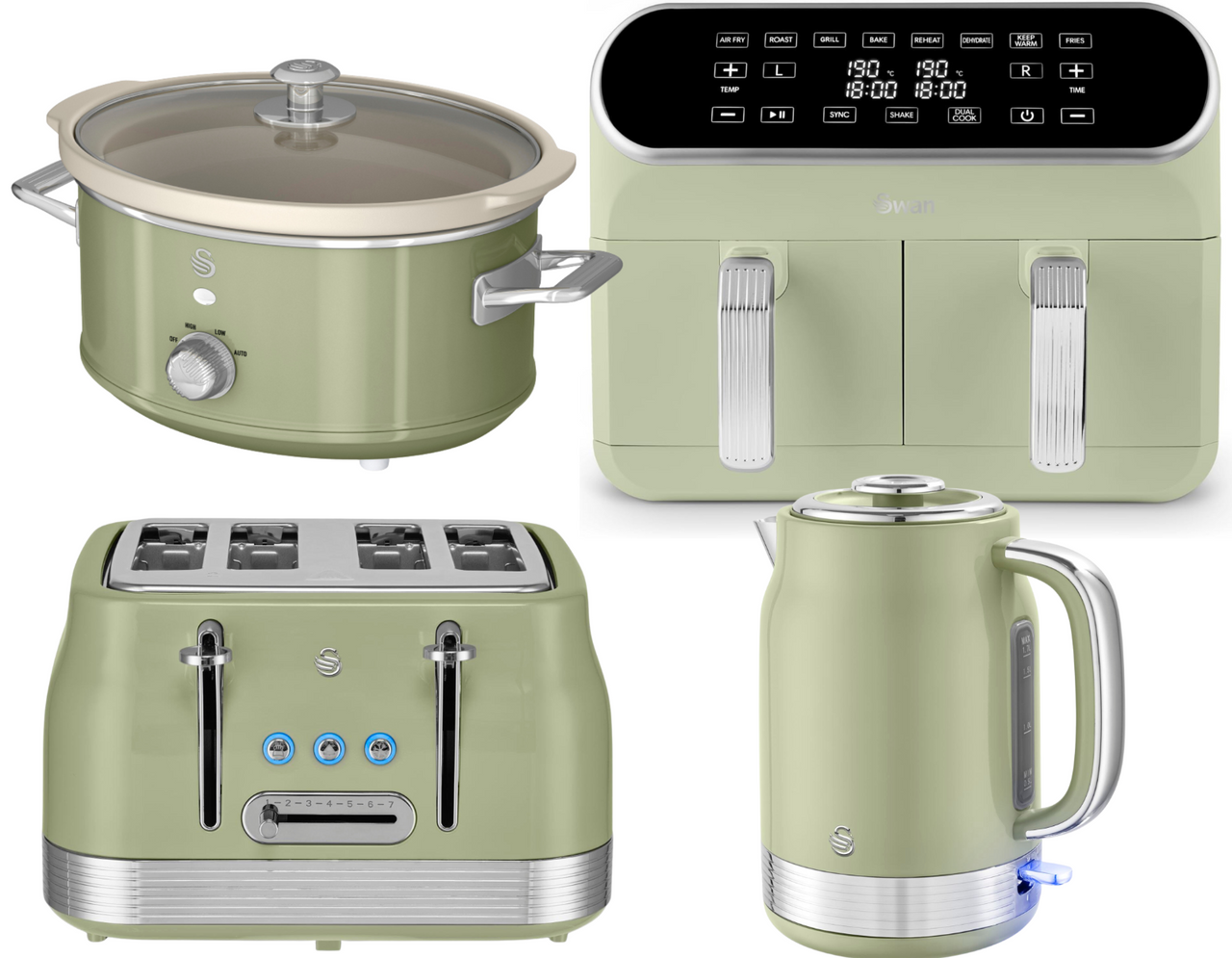 SWAN Retro Revive Green Kettle Toaster Dual Basket Air Fryer & Slow Cooker Set0
