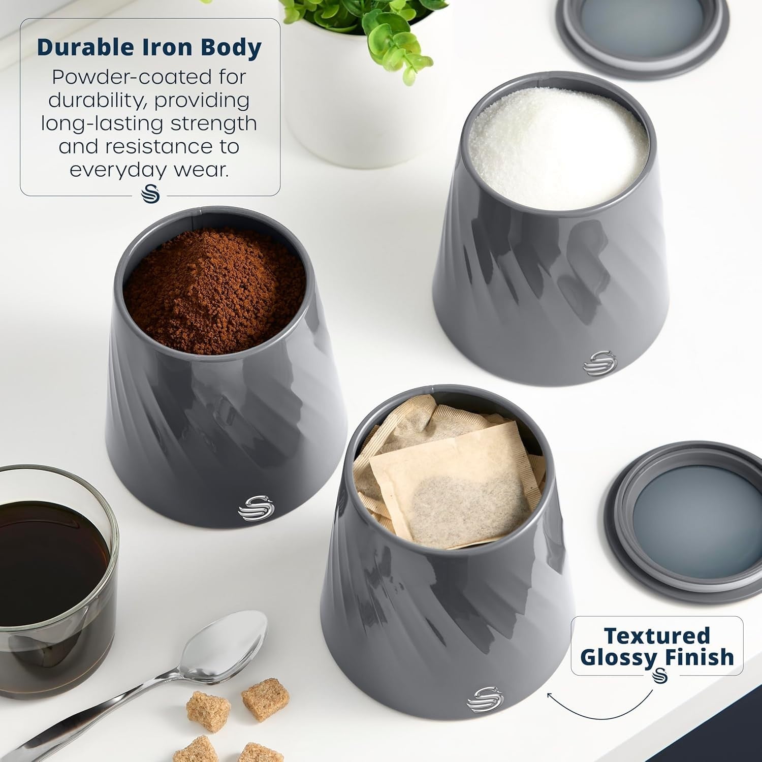Swan Windsor Grey Kettle Toaster Breadbin Canisters Matching Kitchen Bundle Set14