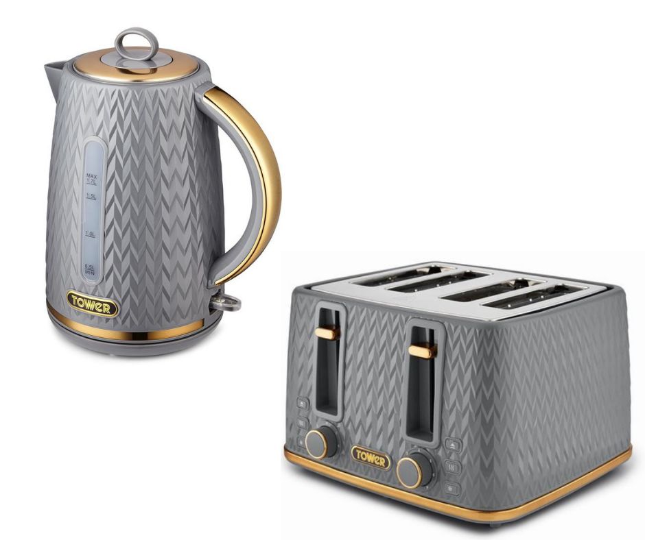 Tower Empire Grey 1.7L 3KW Jug Kettle & 4 Slice Toaster. Matching Set in Grey with Brass Accent