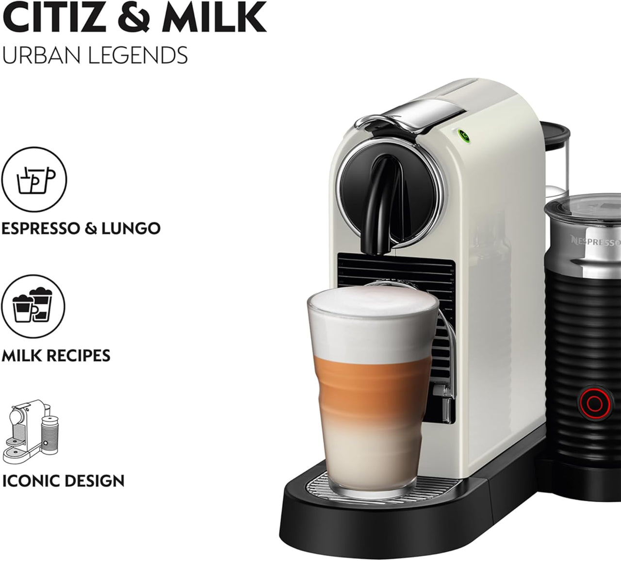 Nespresso Citiz Coffee Machine with Aeroccino Milk Frother by De’Longhi – White