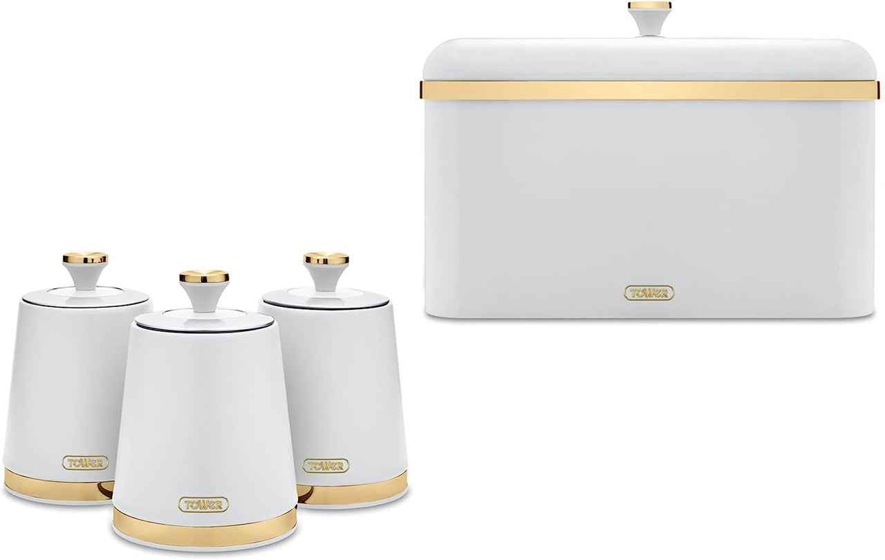 Tower Cavaletto Bread Bin Canisters Storage Set in White & Champagne Gold