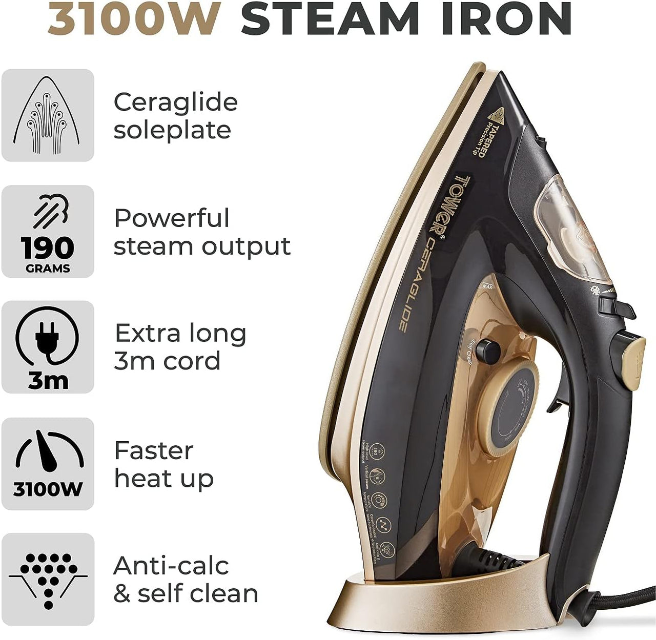 Tower Ceraglide Steam Iron 3100W Ceramic Soleplate Black & Gold T22021GLD