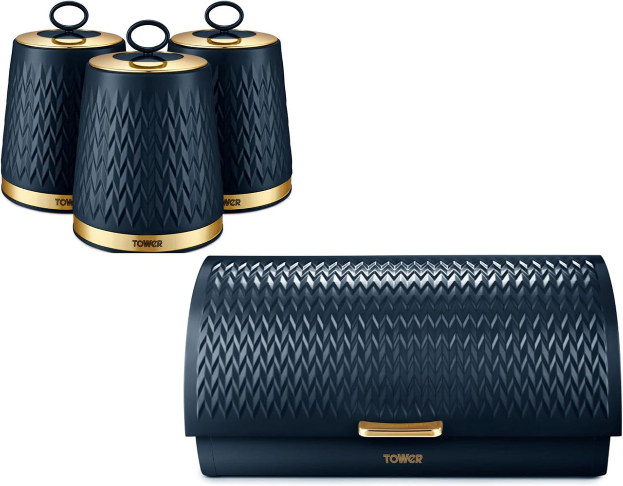 Tower Empire Bread Bin Canisters Set Midnight Blue & Brass Kitchen Storage Set