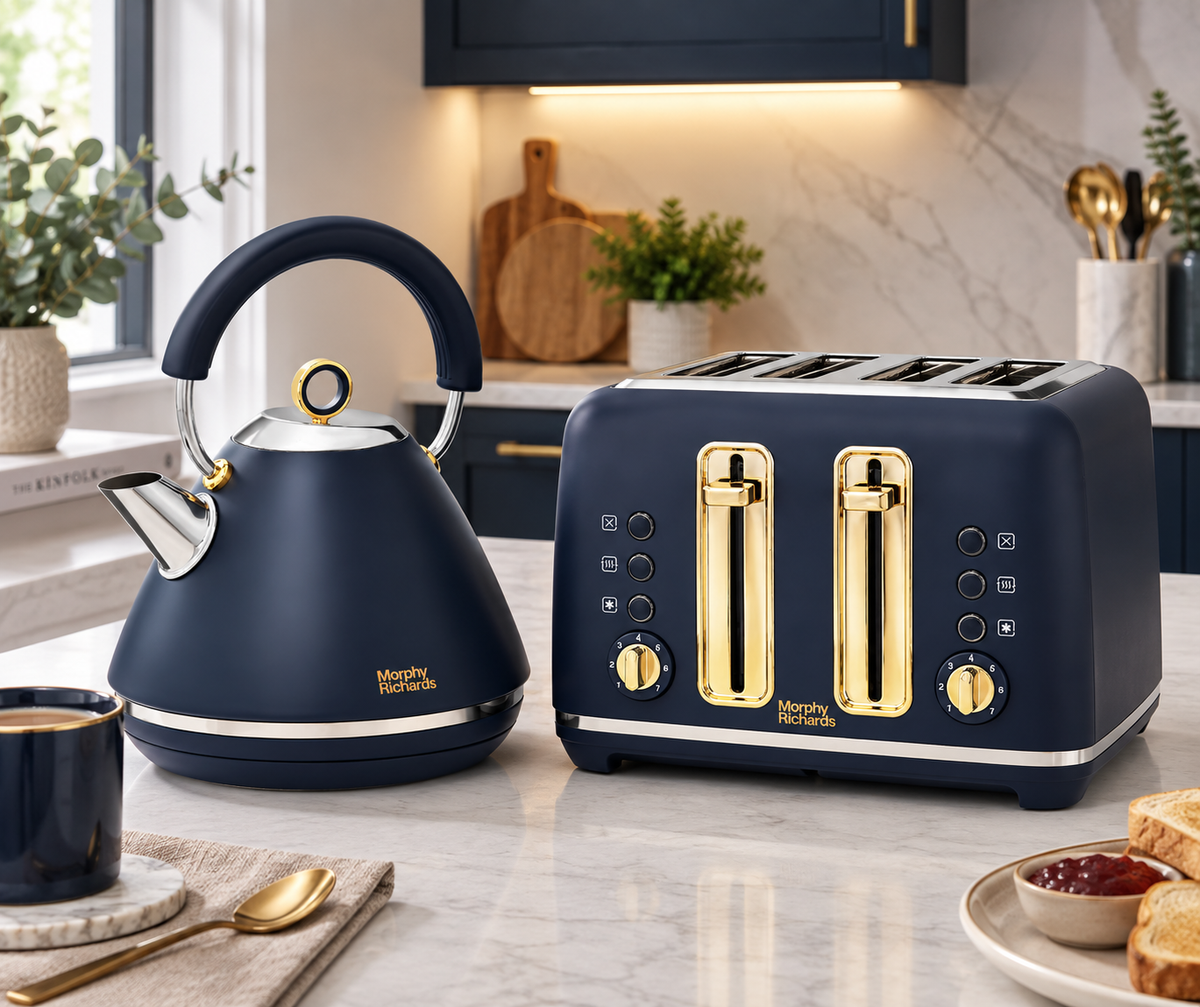 Morphy Richards Accents Navy & Gold 1.5L Pyramid Kettle & 4 Slice Toaster Set