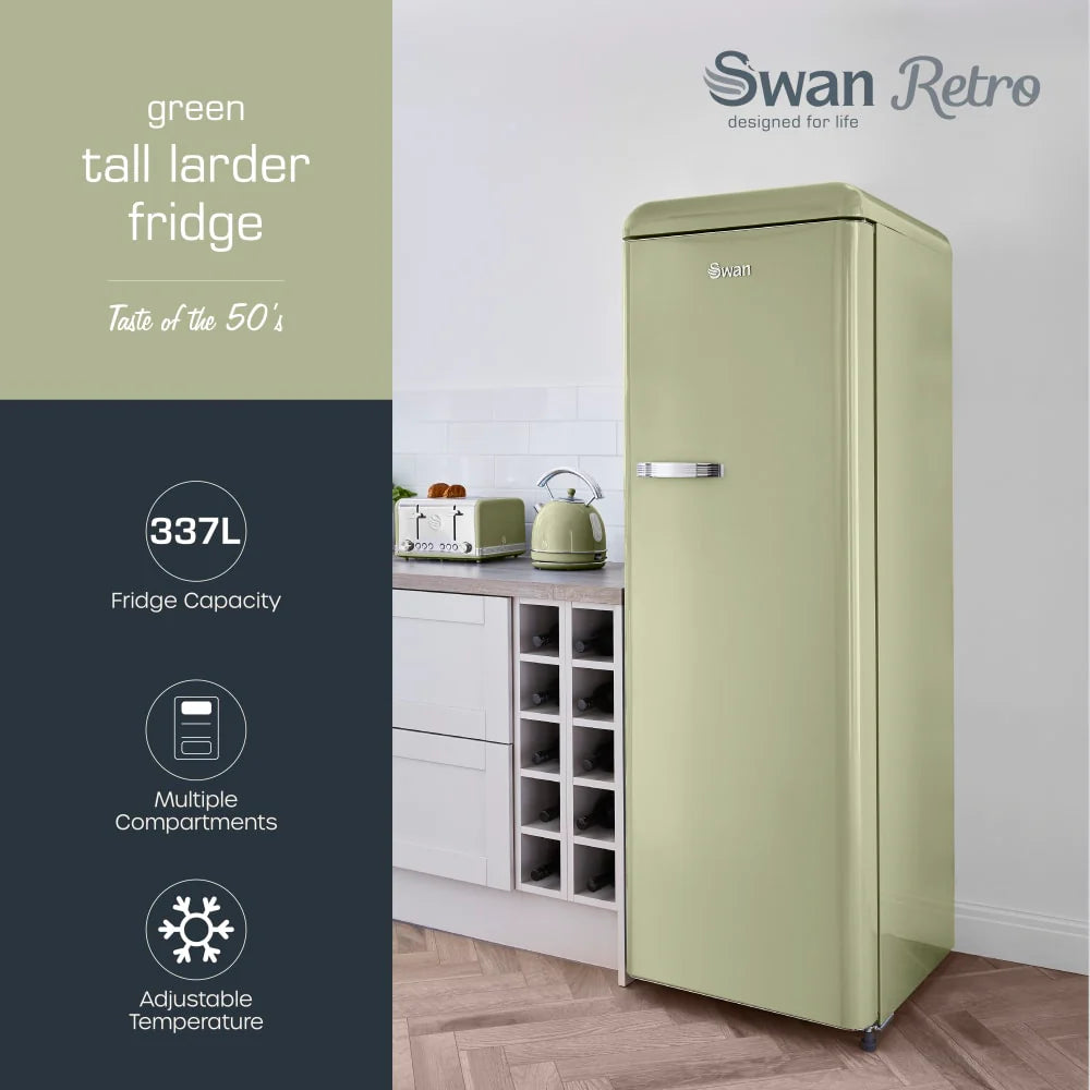 Swan Retro Tall Larder Fridge, 337L Capacity, Energy Class E, Green SR11050GNE