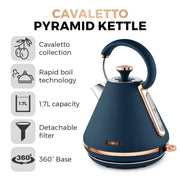 Tower Cavaletto 1.7L 3KW Pyramid Kettle, 4 Slice Toaster, Bread Bin & Canisters Matching Set in Midnight Blue & Rose Gold