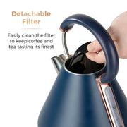 Tower Cavaletto 1.7L 3KW Pyramid Kettle, 4 Slice Toaster, Bread Bin & Canisters Matching Set in Midnight Blue & Rose Gold