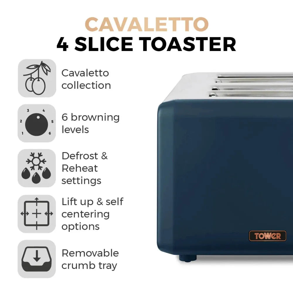 Tower Cavaletto 1.7L 3KW Pyramid Kettle, 4 Slice Toaster, Bread Bin & Canisters Matching Set in Midnight Blue & Rose Gold