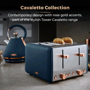 Tower Cavaletto 1.7L 3KW Pyramid Kettle, 4 Slice Toaster, Bread Bin & Canisters Matching Set in Midnight Blue & Rose Gold