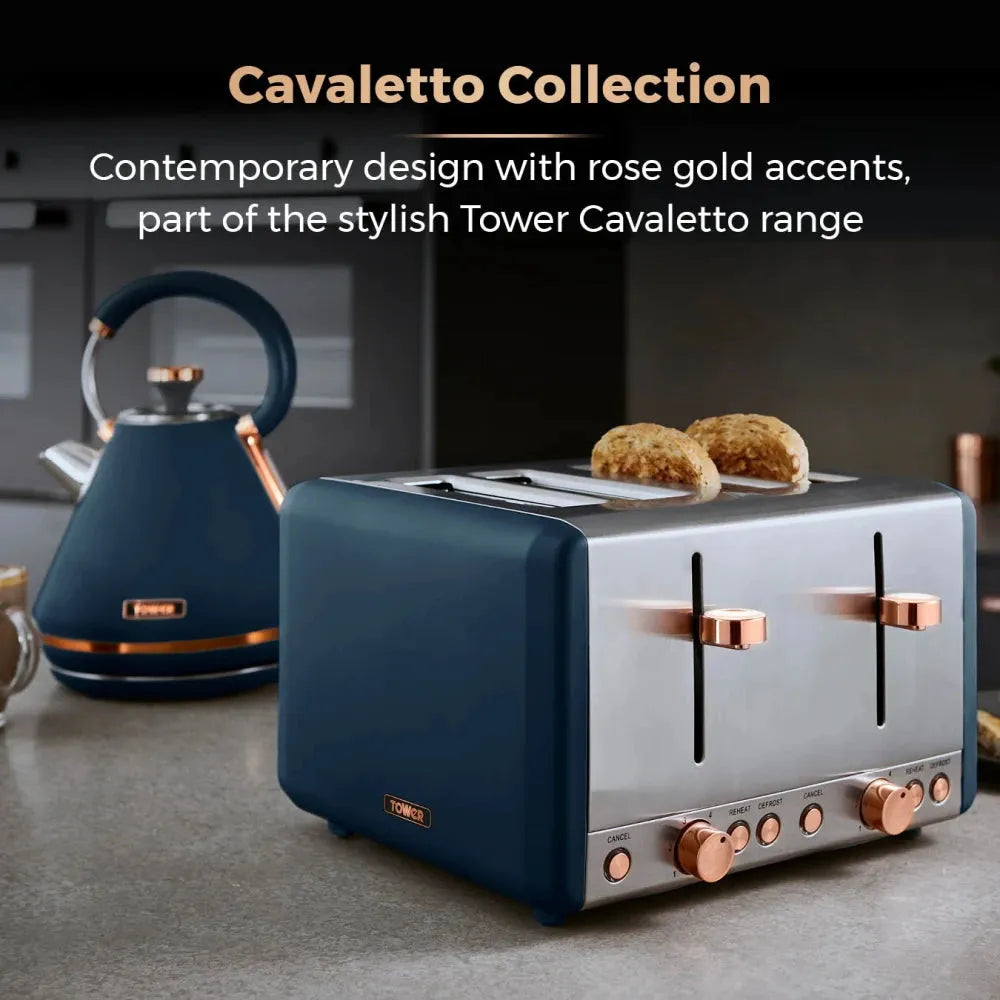 Tower Cavaletto 1.7L 3KW Pyramid Kettle, 4 Slice Toaster, Bread Bin & Canisters Matching Set in Midnight Blue & Rose Gold