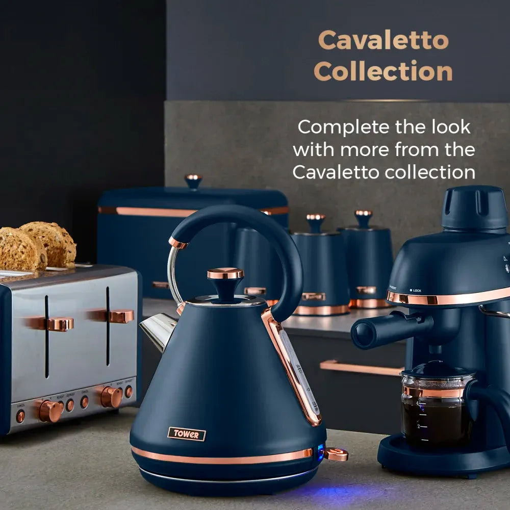 Tower Cavaletto 1.7L 3KW Pyramid Kettle, 4 Slice Toaster, Bread Bin & Canisters Matching Set in Midnight Blue & Rose Gold