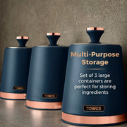 Tower Cavaletto 1.7L 3KW Pyramid Kettle, 4 Slice Toaster, Bread Bin & Canisters Matching Set in Midnight Blue & Rose Gold