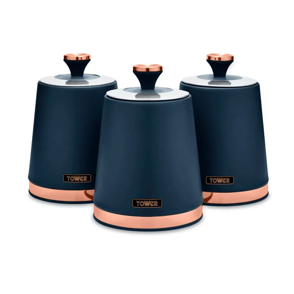 TOWER Cavaletto Tea Coffee Sugar Canisters Midnight Blue & Rose Gold Kitchen Storage