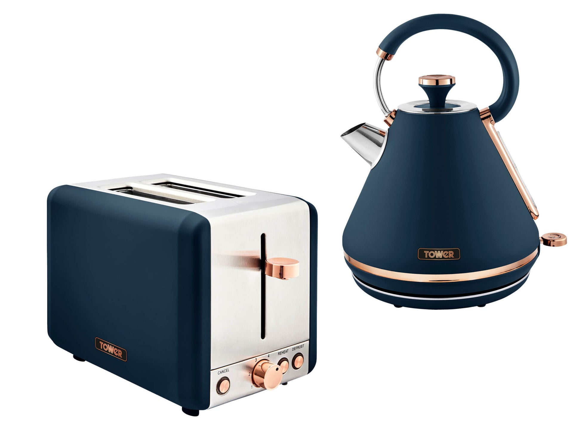Tower Cavaletto Pyramid Kettle & 2 Slice Toaster Set in Midnight Blue & Rose Gold