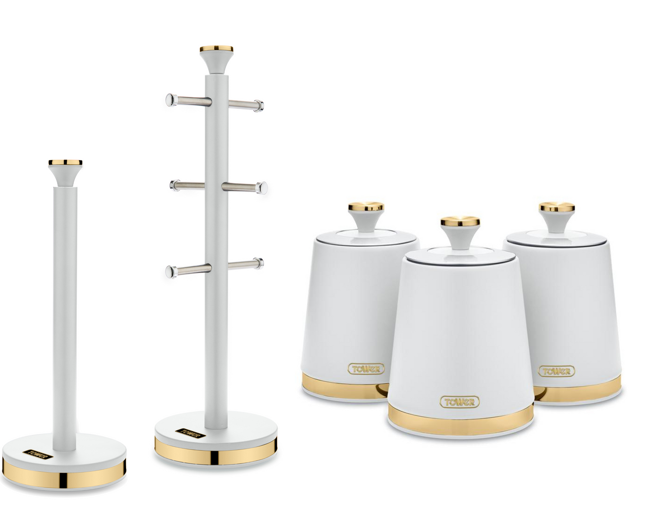 Tower Cavaletto Kitchen Storage Set with 3 Canisters, Mug Tree & Towel Pole in White & Gold